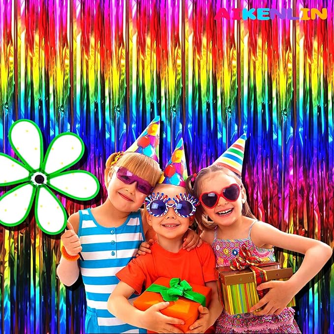 4 Pack 3.3Ft x 6.6Ft Rainbow Foil Fringe Curtain Backdrop, Colorful Metallic Tinsel Foil Fringe Streamers Curtains Background for Photo Booth, Birthday, Wedding, Valentine's Day Party Decoration