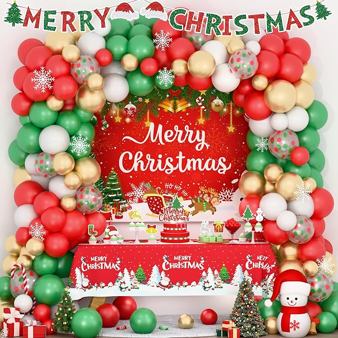Merry Christmas Party Decorations Kit, Christmas Balloon Garland Arch With Red Green Gold Snow Santa Party Supplies Banner Topper Backdrop Tablecloth - Winter Holiday Indoor Outdoor Home Decor
