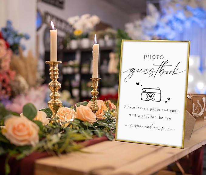 Wedding Photo Guest Book Sign, 8"X 11" Gold Frame Wood Wedding Sign with Stand, Bridal Shower Guest Book Alternative, Engagement Party Decorations, Favors for Ceremony and Reception-5