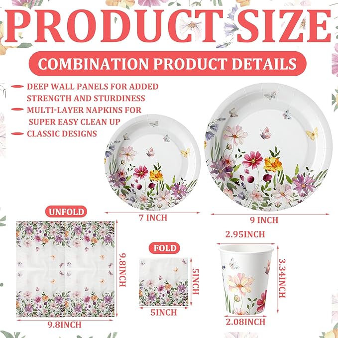 Hsei 250 Pcs Spring Wildflower Party Decoration Baby Shower Disposable Tableware Sets Birthday Supplies Serves 50 Guests Disposable Plates Napkins and Cups for Baby Bridal Shower Birthday Party
