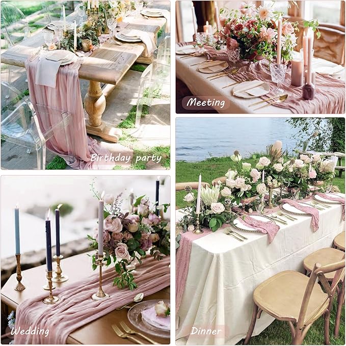 12 Pack 10Ft Cheesecloth Table Runner 35x120 Inch Boho Gauze Rustic Cheese Cloth Long Romantic Table Runner for Wedding Bridal Shower Birthday Party Table Decor (Dusty Pink)