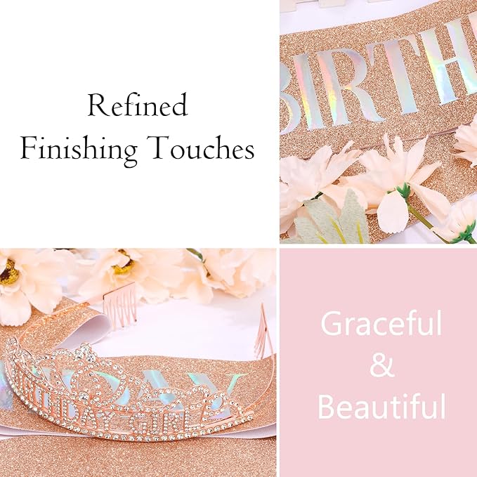 Chanaco Birthday Sash and Crown for Women, Birthday Tiara for Girls, Rhinestone Hair Accessories Party Decorations