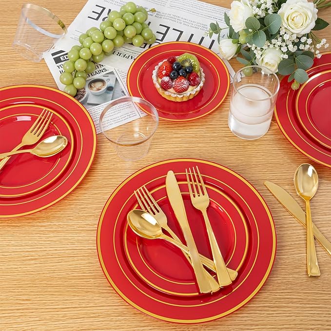 350Pieces Red Plastic Plates with Gold Rim Include 50Dinner Plate 10inch 50Dessert Plate 7inch 50 gold Cups 9 OZ, 50 Pre Rolled Napkins for Party Baby Shower Wedding Spring
