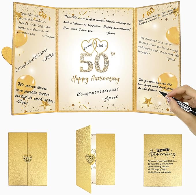 Trgowaul Gold 50th Wedding Anniversary Decorations, Happy 50th Anniversary Guest Book Alternative, 50th Anniversary Signature Book, White Gold Gift Card for 50 Years Wedding Anniversary Party Supplies