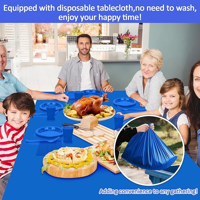 Blue Plastic Plates for Party,100 Guest Disposable Plastic Plate Set 9" Plates,7" Dessert Plates,Napkins,Cups,Forks & Tablecloth for Birthday,Graduation,Picnic,Summer Activities