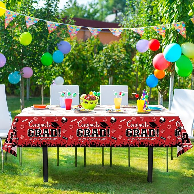 3 Pack Graduation Tablecloth Party Decorations, Class of 2026 Congrats Grad Plastic Tablecover Party Supplies, Red Rectangle Graduation Table Decorations for College High School Party, 54 x 108 Inch