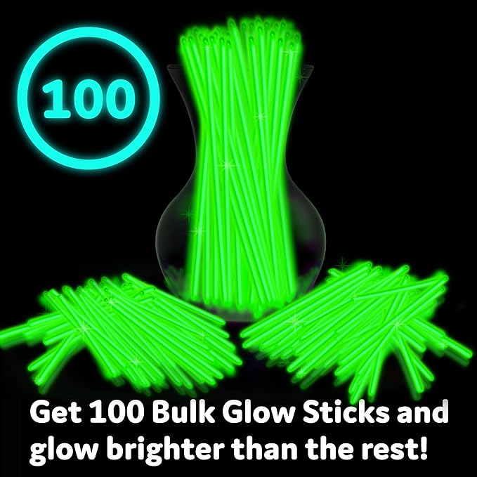 PartySticks Green Glow Sticks - 100pk, 8 Inch Glow in the Dark Light Up Sticks and Connectors for Party Favors, Decorations, Necklaces and Bracelets