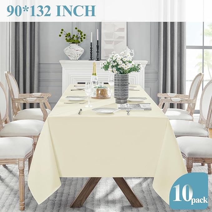 VidaFete Tablecloth 10 Pack 90 * 132inch Rectangle Table Cloth Polyester, Stain Wrinkle Resistant Polyester Dining Table Cover for Kitchen Dinning Party Wedding Rectangular Buffet Decoration(Ivory)