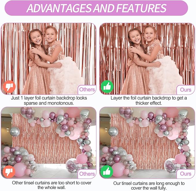 4 Pack Rose Gold Foil Fringe Curtains Door Streamers Party Decorations 3.3 x 8.2 ft, Tinsel Curtain Fringe Backdrop for Parties, Door Fringe Birthday Streamers, Photo Booth Backdrops, Party Decor