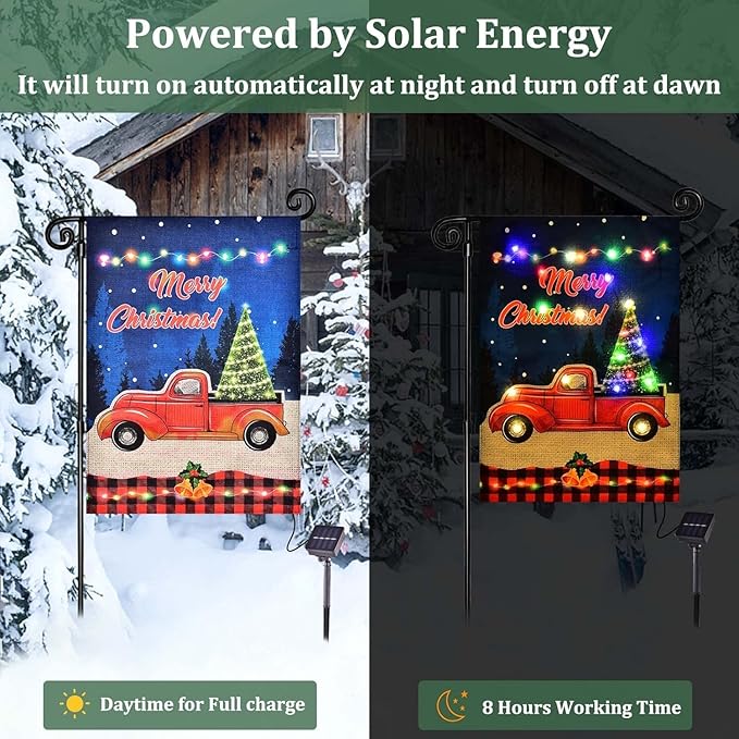 Merry Christmas Lighted Garden Flag, LED Red Truck Flag, Vertical Christmas Flag for Outdoor Yard Garden Lawn Decoration
