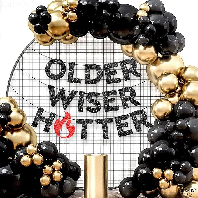 KatchOn Glitter Older Wiser Hotter Birthday Decorations - No DIY, 10 Feet | Older Wiser Hotter Banner for Birthday Decorations | Happy Birthday Banner for men, Women | Funny Bday Decorations
