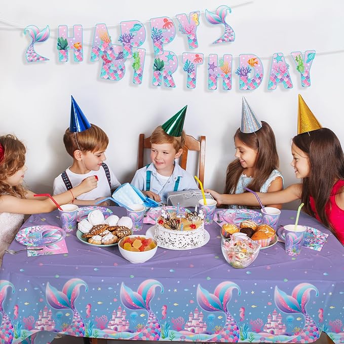 Mermaid Birthday Decorations for 25 Guests - Mermaid party supplies Kit Includes Dinner & Dessert Plates, Cups, Napkins, Banner & Tablecloth for 1st Birthday Party Decorations