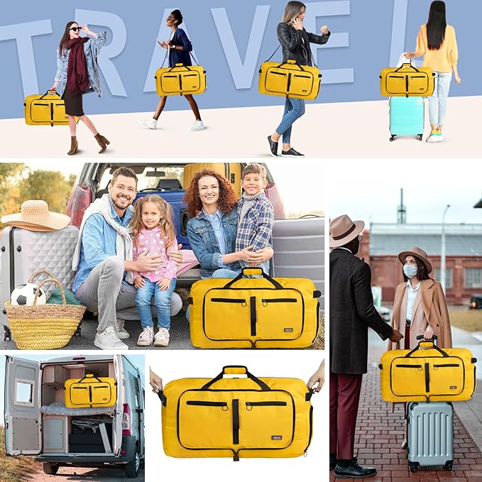 Fmeida 65L Duffle Bag with Shoes Compartment, Foldable Travel Duffel Bags for Men Women, Large Packable Travel Bag Water Repellent & Tear Resistant (Yellow)