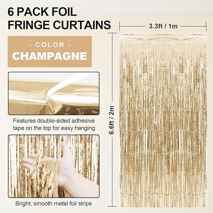 Homiest 6 Pack Champagne Tinsel Backdrop, 3.3x6.6 FT Metallic Tinsel Foil Fringe Curtains Party Decorations, Birthday Door Streamers for Baby Shower Wedding, Photo Booth Props Background Wall Decor