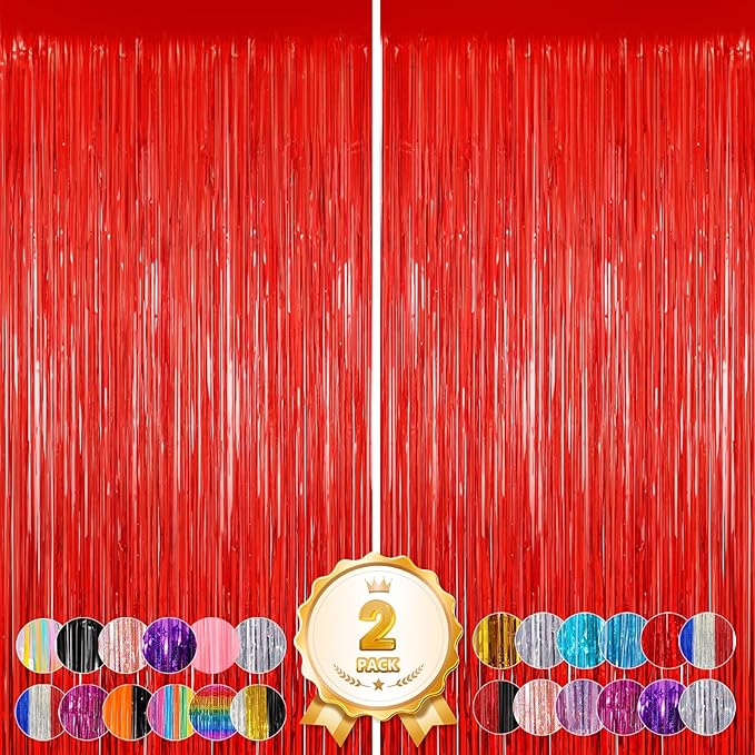 2Pack Red Foil Fringe Curtain, Red Tinsel Party Streamer Backdrop Curtains Wedding Photo Backdrop Party Decorations Door Streamers for Birthday Bridal Shower Bachelorette Xmas Anniversary Decorations
