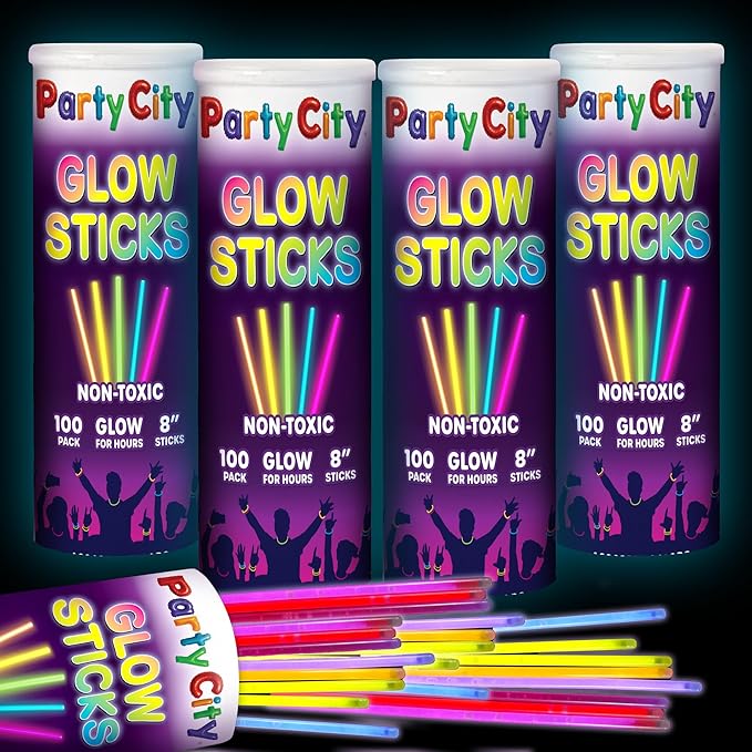 Party City 400 Glow Sticks Bulk Party Pack 8”– Neon Glow in the Dark Party Supplies, Glowsticks with Connectors Bracelets & Necklaces, Light Up Favors for Kids, Adults, Birthdays, Parties, Decorations