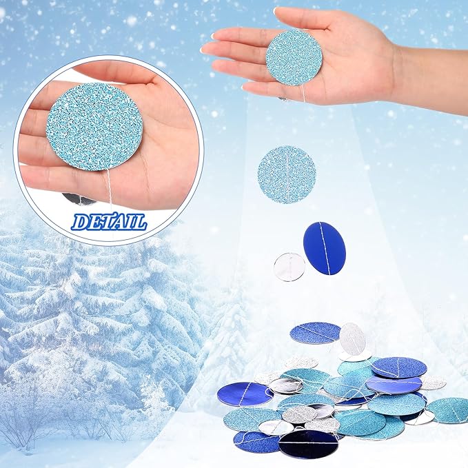 Outus 10 Pieces Silver Round Dots Garland Easter Graduation Party Hanging Decor Each Length 13.1ft Glitter Paper Dot Streamers for Birthday Wedding Classroom (Blue)