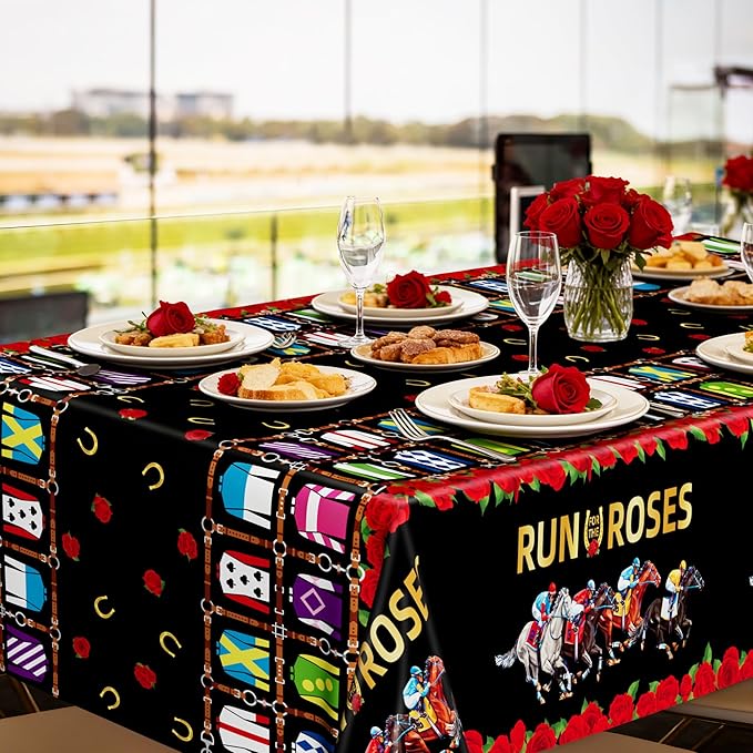 QZYL 2 PCS Derby Table Cloth, Disposable Plastic Derby Decorations, 54 x 108 Inch Horse Tablecloth, Run for The Roses Kentucky Racing Rectangle Tablecover Horse Decorations for Party Supplies