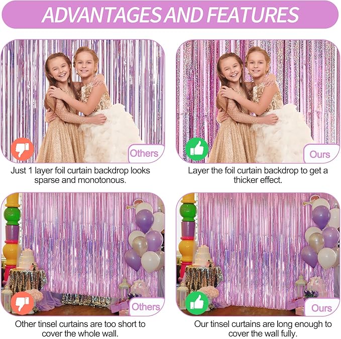 2 Pack Laser Pink Foil Fringe Curtains Streamers Party Decorations 3.3 x 8.2 ft, Tinsel Curtain Fringe Backdrop for Parties, Door Fringe Birthday Streamers, Barbie Backdrop Birthday Party Decorations
