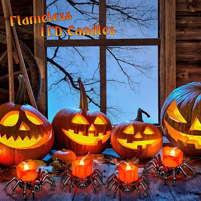 6 PCS Halloween Tea Lights Candles, Battery Operated Halloween's Flameless LED Candles, Spider Tealights Spooky Electric Flickering Fake Candle for Halloween Party Decorations