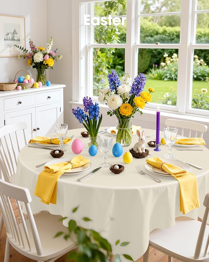 Pureegg Plastic Table Cloth Disposable 10 Pack, 84'' Round Table Cloths, Party, Wedding, Thanksgiving Decorations, Fall Tablecloths, Round, Beige Plastic Cover, Leakproof & Sturdy, Cream, Ivory