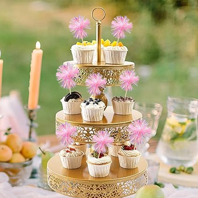 Gyufise 30Pcs Foil Firework Cupcake Toppers Sparkle Tinsel Cake Toppers Tinsel Drink Cake Decoration Cocktail Picks for Birthday Wedding Graduation Party Supplies Dark Pink