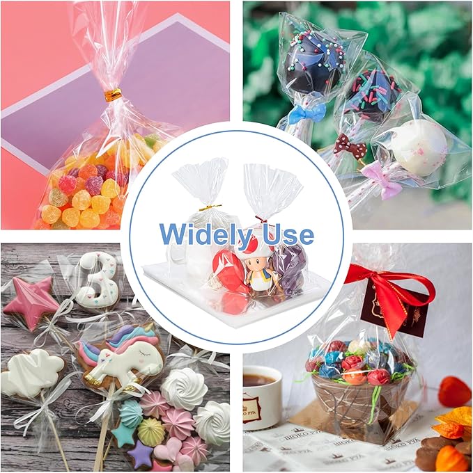 Aegero Cello Cellophane Treat Bags, 200 Pcs 5x7 Inches Clear Cellophane Bags with 200 Twist Ties for Gift Wrapping,Packaging Candies,Dessert,Bakery,Party Favors