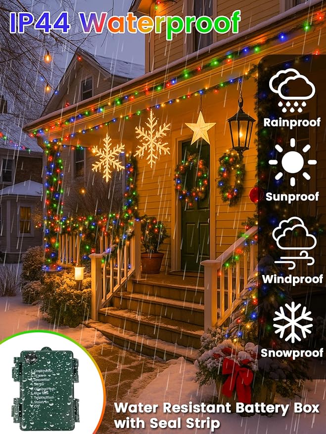 2 Pack Battery Operated Christmas Lights with Timer, 66FT 200 LED Waterproof Battery Twinkle Light, 8 Modes Green Wire Fairy Lights for Indoor & Outdoor Bedroom Tree Christmas Decorations (Multicolor)