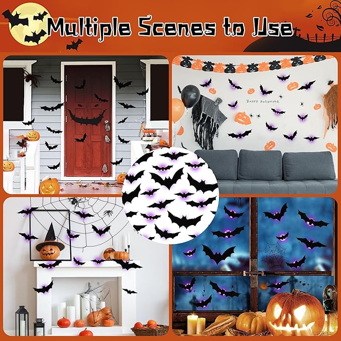DR.DUDU 36 Pack Halloween Bats Wall Decor – Lighted 3D Bat Stickers Assorted Size for Halloween Party, Bedroom Window Decorations, Indoor and Outdoor Home Decals