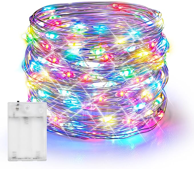 Dazzle Bright Fairy Lights Battery Operated, 20 FT 60 LED Silver Wire Waterproof Battery Operated String Lights, Christmas Decorations for Indoor Outdoor Bedroom Yard Decor, Multi-Colored
