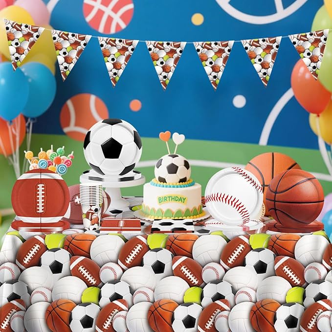 Sports Themed Birthday Party Kit for 24 - Includes Sports Banner, Tablecloth, Cups, Plates and Napkins for Boys Sports Theme Party Decorations Supplies