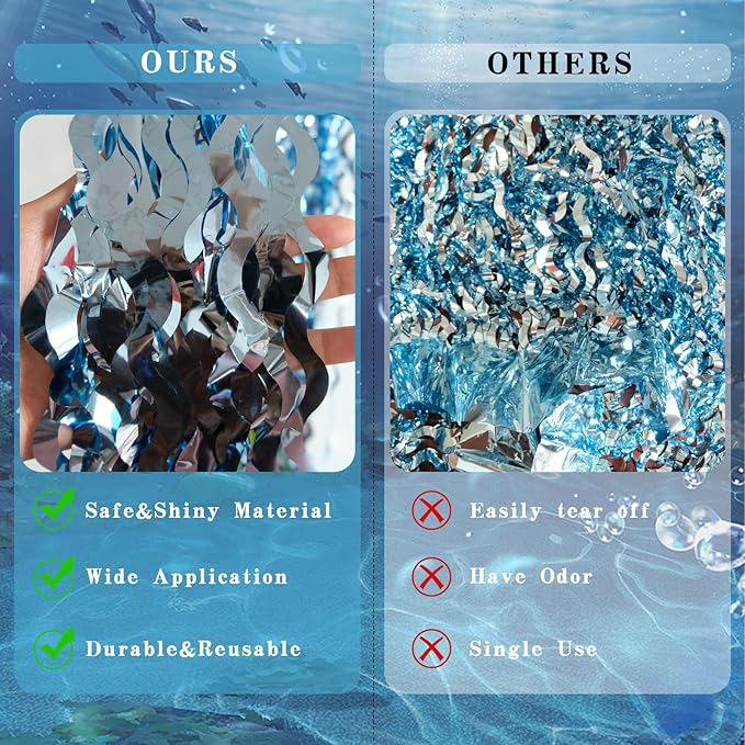 Blue Wave Shaped Streamers Ocean Themed Tinsel Foil Fringe Curtain with Bubble Garlands for Beach Under The Sea Party Decorations (3.3 feet Curtain 3 Bubble Garlands)