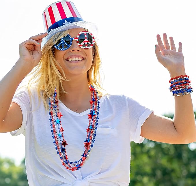 Independence Day Necklace Accessories, 48PCS 4th of July Beads Necklaces Bulk, 6 Kinds Fourth of July Red Blue White Stars Round Bead Necklace, Patriotic Bulk for Parade Party Favors Decor