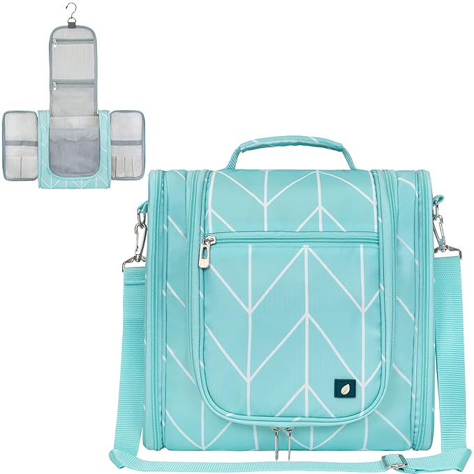 PAVILIA Extra Large Toiletry Bag Travel Bag for Women Men, Hanging Cosmetic Organizer, Water Resistant Makeup Bag for Accessories Toiletries, Travel Essentials Kit (Teal Chevron)