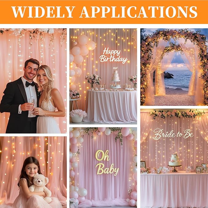 10x10ft Pink Tulle Backdrop Curtain with String Lights, Wrinkle-Free Sheer Wedding Backdrop for Birthday Parties, Baby Showers, Bridal Showers, Photo Shoots and Home Decorations, Pink
