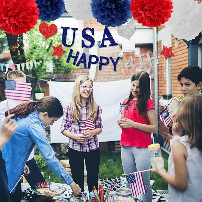 Fourth-4th of July Imemorial-Day Party-Decorations - 8pcs Red White Blue Patriotic Banner Hanging USA Garland Streamers, Paper Tissue Pom Poms Flowers,America Independence Day Decor Lasting Surprise