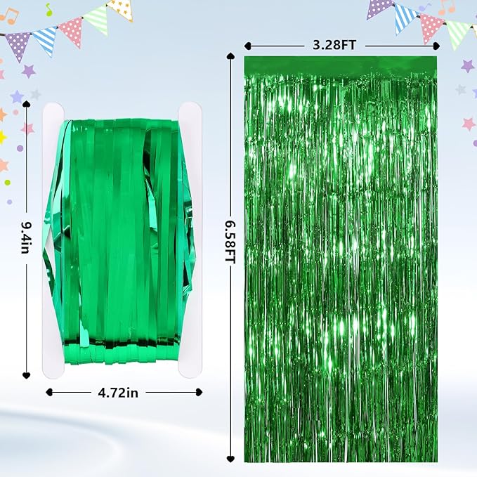 2 Pack Green Streamers Backdrop Jungle Party Decorations Green Foil Fringe Backdrop Curtains Photo Booth Backdrop for Birthday Dinosaur Animal St Patrick's Day Football Xmas Graduation Party Decors