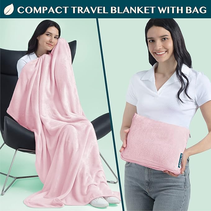 PAVILIA Travel Blanket Pillow, Soft Airplane Blanket 2-in-1 Combo Set, Plane Blanket Compact Packable, Flight Essentials Car Pillow, Travelers Gifts Accessories, Luggage Backpack Strap, 60x43 Pink
