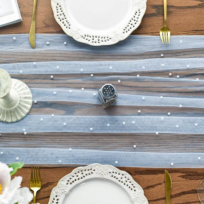 Artoid Mode 3PCS Pearl Blue Gauze Table Runner 120 Inch 10FT, Seasonal Sheer Dining Holiday Wedding Birthday Baby Shower Table Decor for Home Party