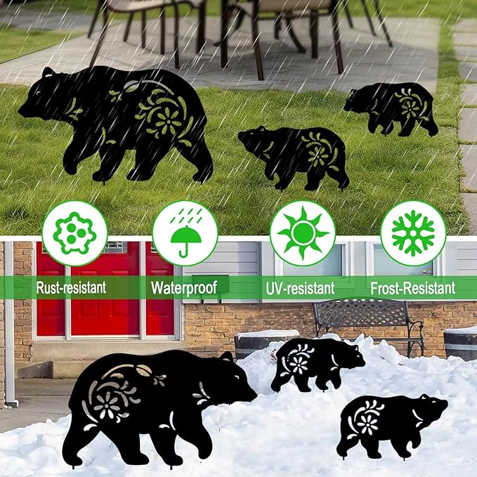 Outdoor Bear Garden Decor,Set of 3 Silhouette Metal Bear Statue Outdoor,Bear Garden Stakes for Outside (Bear Black)