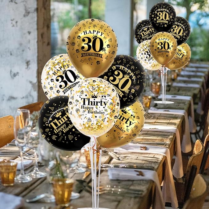 TONIFUL 4 Set Black Gold Balloon Stand Kit for Birthday Decorations for 30th,Balloon Centerpieces for Table Party Decorations Cheers to 30 Years Old Birthday for Men and Women