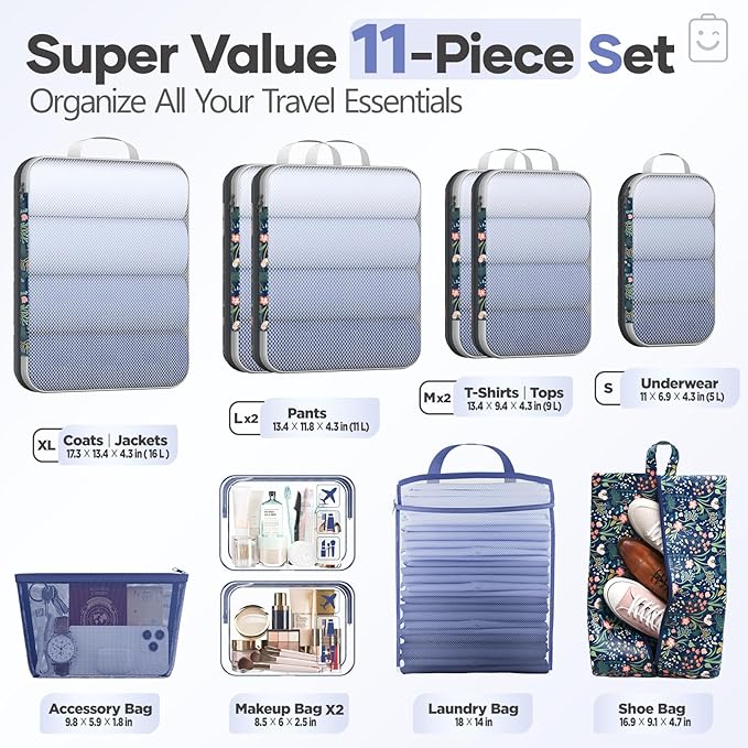 Veken 11 Set Compression Packing Cubes for Travel Essentials,Compressible Expandable Large Luggage Suitcase Organizer Bags for Clothing,Durable Space Saver Storage Bags(Dark Blue Floral)