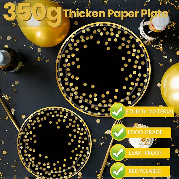175PCS Black and Gold Paper Plates Party Supplies for 25 Guests Disposable Party Decorations Dinnerware Golden Dot Black Paper Plates Napkins Cups Gold Plastic Forks Knives Spoons for Parties