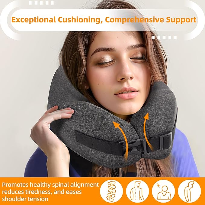 Neck Pillow Airplane Travel Set - Pure Memory Foam Travel Neck Pillow, Plane Pillow for Long Flights Essentials, Sleeping with 3D Contoured Eye Mask, Earplugs, Portable Bag (Darkgray-M)
