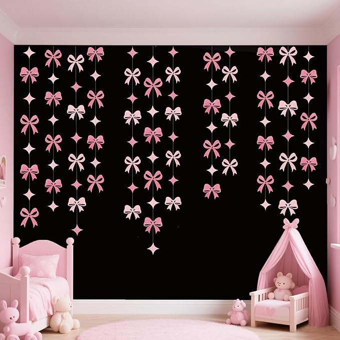 Pink Bow Decorations Pink Glitter Paper Star Bow Hanging Garland Streamer Banner for Coquette Birthday Bridal Shower Wedding Anniversary Bachelorette Engagement Baby Shower Party Decorations Supplies
