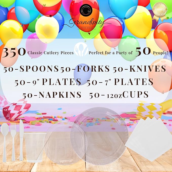 Grandipity 350 Piece Clear Disposable Dinnerware Set, Includes 50 of Each: 9" Dinner Plates, 7" Dessert Plates, 12oz Cups, Paper Napkins, Forks, Knives & Spoons
