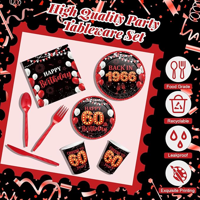 240 Pcs 60th Birthday Decorations 1966 Birthday Party Tableware Include Plates Napkins 9oz Cups Cutlery 60th Anniversary Party Supplies for Men Women Him Her, Serve 30 Guests (Black Red)