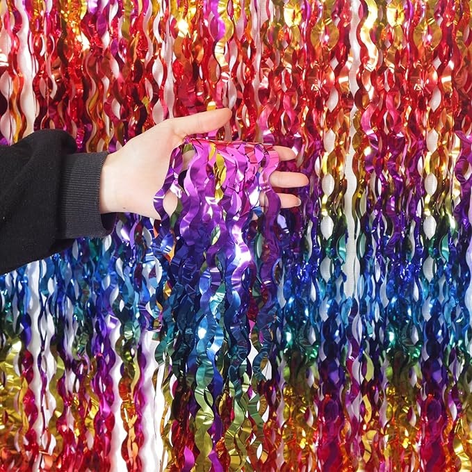4 Pack Wavy Rainbow Foil Fringe Curtain | 3.3x6.6ft Colorful Tinsel Metallic Streamers Holiday Photo Booth Props Backdrop for Engagement Bridal Shower Unicorn Party Decorations
