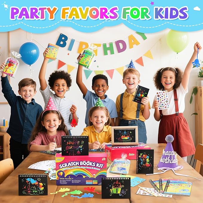 48*3 Packs Scratch Art Notebook+Sticky Hands+Stickers,Easter Party Favors for Kids 4-8-12,Return Gifts for Birthday Party Bulk Toys,Goodie Bags Stuffers, Classroom Prizes Students Gifts