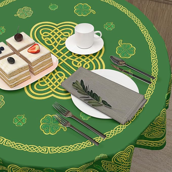 St. Patrick's Day Round Tablecloth 60 Inch Leaf Clover Pattern Circle Table Cloth Green Shamrock Table Cover Washable Polyester Indoor Decorations for Home Kitchen Dinning Party